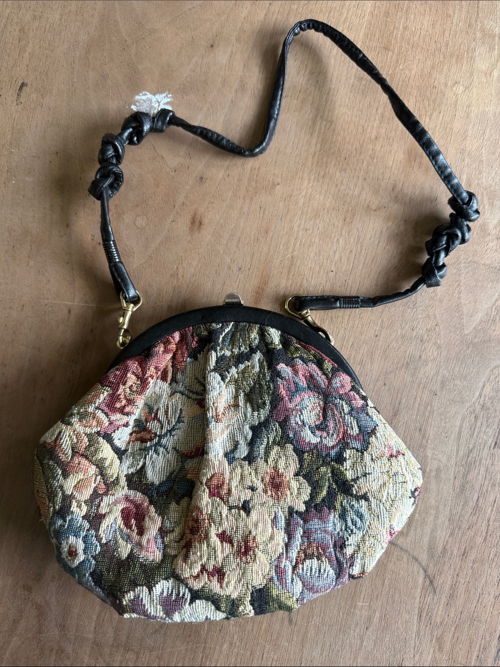 Vintage Floral Tapestry Bag Leather Strap 80s 90s Cottagecore Boho